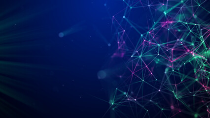 Abstract blue background with moving lines and dots. Network connection. Worldwide connection to the Internet. 3d rendering.