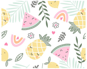 Tropical fruits, Pineapple, lemon and watermelon with rainbow