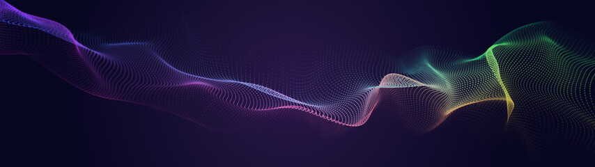 Futuristic musical luminous wave. The concept of big data. Network connection. Cybernetics. Abstract dark background of colored lines with dots. 3d rendering.