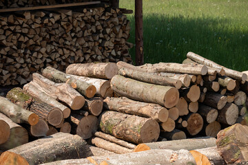 Pile of wood logs storage. Logging for firewood.