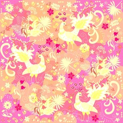 Joyful seamless romantic pattern with flowers, leaves, butterflies, fairy peacocks in pink, light orange, yellow, white, watermelon, rouge, magenta, peach, salmon color scheme. Shawl, napkin.