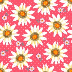 Joyful floral seamless pattern with huge daisies and small cinquefoil flowers on a crimson background with small light polka dots. Beautiful print for chintz fabric. - obrazy, fototapety, plakaty