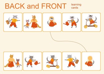 Educational cards with cute cartoon cats for the development of mindfulness "Back and front". Matching kids educational game.