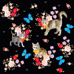 Collection of prints for T-shirt with symbols of Chinese New Year 2023. Cats and bouquets of roses, as well as large blue butterflies isolated on black background. Seamless pattern for fabric.