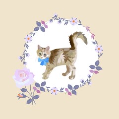 Romantic print for pillows, napkins, postcards with a cat and flowers. Symbol of Chinese New Year 2023. Vector illustration.
