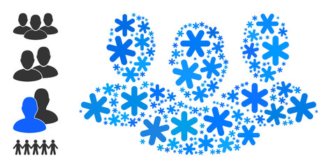 Mosaic user group pictogram is constructed for winter, New Year, Christmas. User group icon mosaic is created of light blue snow icons. Some similar icons are added. - obrazy, fototapety, plakaty