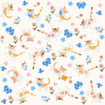 Seamless animal pattern with cute cartoon cats, blue butterflies, pink hearts, stars, bells, daisies, daffodils isolated on white background in vector. Fabric print for kids. Chinese New year, 2023.