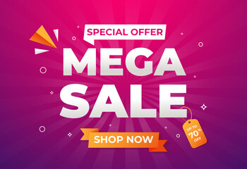 Web mega sale red banner. up to 70% off. Super Sale, end of season special offer banner.