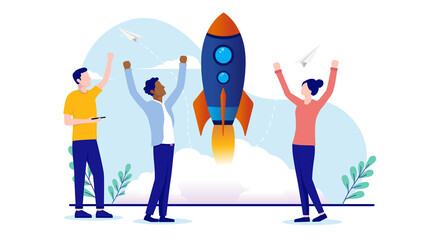 Business startup - People ready to launch new business, cheerful and happy. Flat design vector illustration with white background