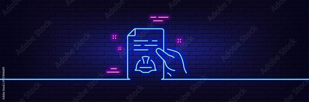 Poster neon light glow effect. engineering line icon. technical documentation sign. construction helmet sym