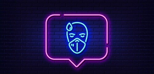 Neon light speech bubble. Sick man with medical mask line icon. Safety respiratory mask sign. Coronavirus face protection symbol. Neon light background. Sick man glow line. Brick wall banner. Vector