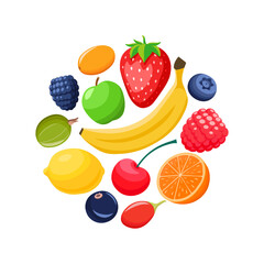 Set of different fruits and berries in circle flat vector style. Collection of sweet fruits. Orange, banana, apple, lemon. Strawberry, raspberry, blueberry, gooseberry, currant.