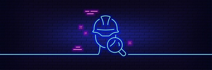 Neon light glow effect. Inspect line icon. Builder quality sign. Constructor verification symbol. 3d line neon glow icon. Brick wall banner. Inspect outline. Vector