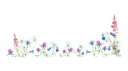 Watercolor frame of Chamomile, Bluebell Flower, pink fireweed, Cornflower, Red Clover isolated on a white background.