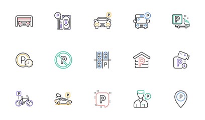 Parking line icons. Garage, Valet servant and Paid parking. Car transport park place linear icon set. Bicolor outline web elements. Vector