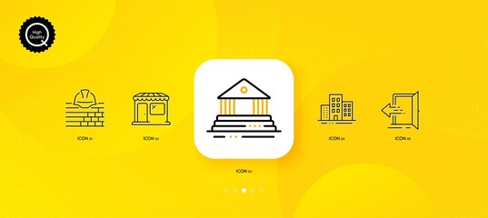 Fototapeta na wymiar Entrance, Court building and Buildings minimal line icons. Yellow abstract background. Market, Build icons. For web, application, printing. Open door, Government house, Town apartments. Store. Vector