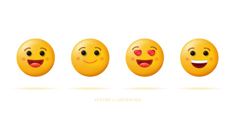 Set of Happy icons emotion. Yellow emoticons. Vector illustration in cartoon 3D style