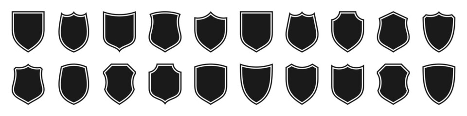 Set of various vintage shield icons. Black outlined heraldic shields. Protection and security symbol, label. Vector illustration. - obrazy, fototapety, plakaty