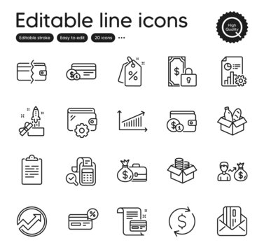 Set of Finance outline icons. Contains icons as Cashback, Discount tags and Payment method elements. Payment methods, Audit, Report web signs. Salary, Innovation, Credit card elements. Vector