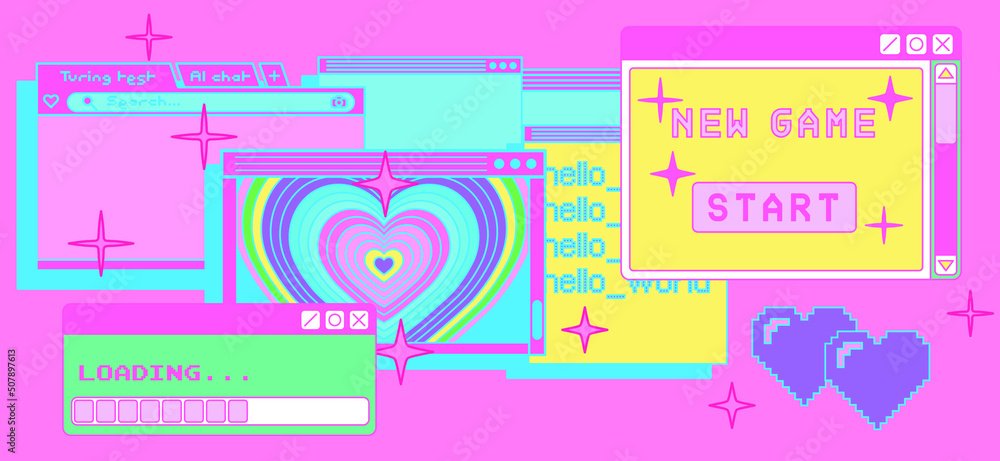 Poster Composition of interface elements: window boxes and tabs on a pink background.  The concept of a glitchy screen with spam messages.