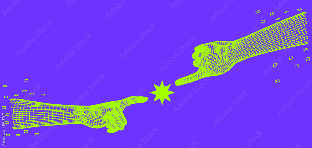 Poster 3d low-poly hand models made of polygonal wireframe. arms going to touch together like in adam creat