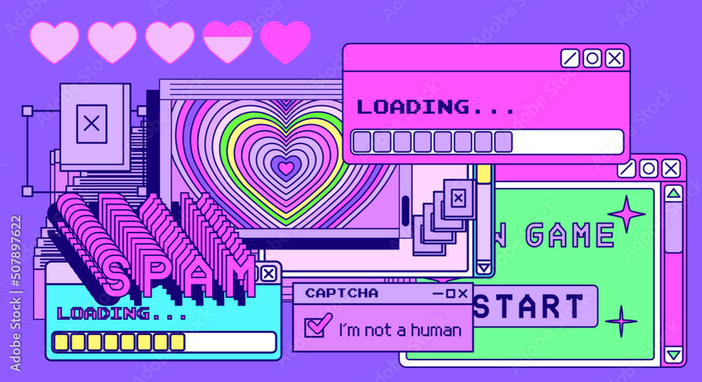 Poster Composition of interface elements: window boxes and tabs on a pink background.  The concept of a glitchy screen with spam messages.