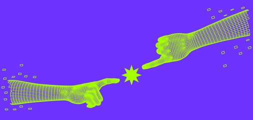 3D low-poly hand models made of polygonal wireframe. Arms going to touch together like in Adam creation scene. 