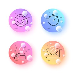 Timer, Reject mail and Creative idea minimal line icons. 3d spheres or balls buttons. Reload icons. For web, application, printing. Deadline management, Delete letter, Present box. Update. Vector