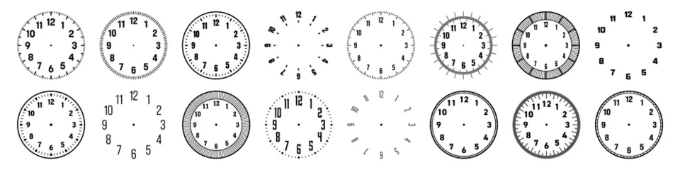 Fotobehang Mechanical clock faces with arabic numerals, bezel. Watch dial with minute, hour marks and numbers. Timer or stopwatch element. Blank measuring circle scale with divisions. Vector illustration © 32 pixels