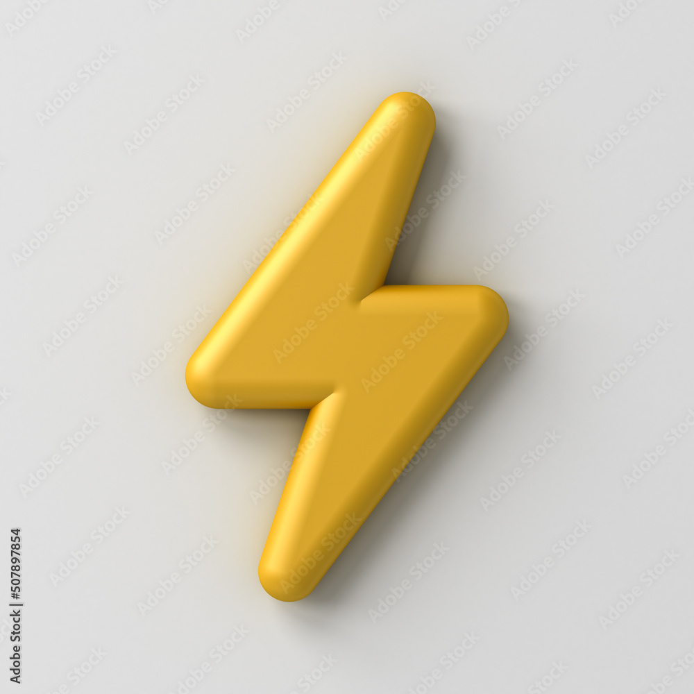Poster cute 3d yellow thunder or lightning icon isolated over white wall background with shadow minimal con