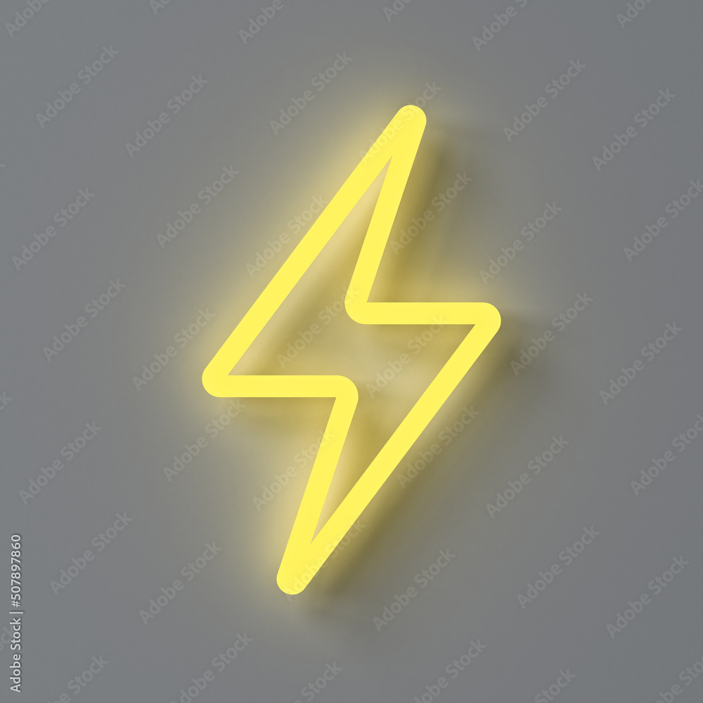 Poster yellow neon thunder or lightning isolated on dark white wall background with shadow 3d rendering