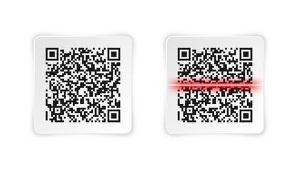 Realistic QR code sticker. Identification tracking code. Serial number, product ID with digital information. Store or supermarket scan labels, price tag. Vector illustration.
