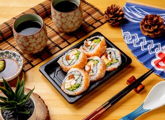 flower sushi roll served in dish with black coffee side view of taiwan food