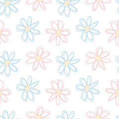 Hand drawn Pastel Kids flowers lines seamless pattern