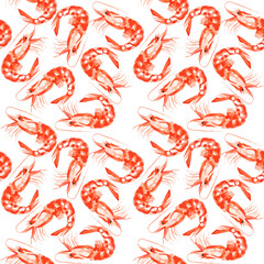 Watercolor seamless hand painted shrimps pattern illustration
