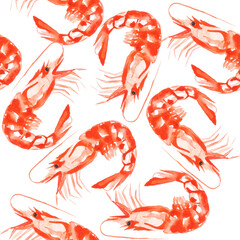Watercolor seamless hand painted shrimps pattern illustration
