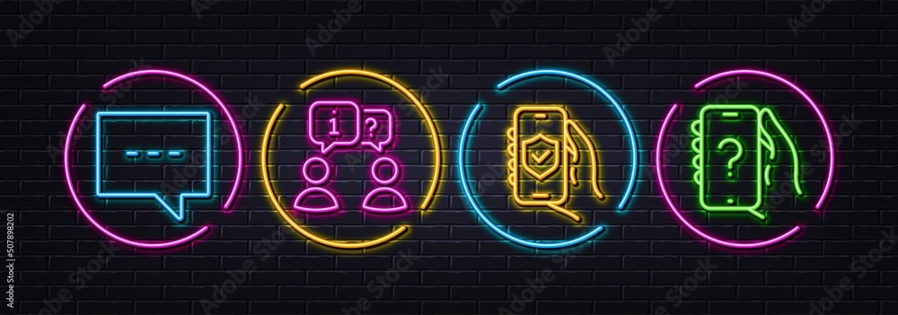 Poster interview, security app and blog minimal line icons. neon laser 3d lights. ask question icons. for w
