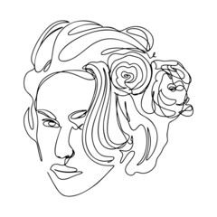 One Line Drawing, Single Continuous Line Sketch Woman Female Head Face with Flowers in Hair