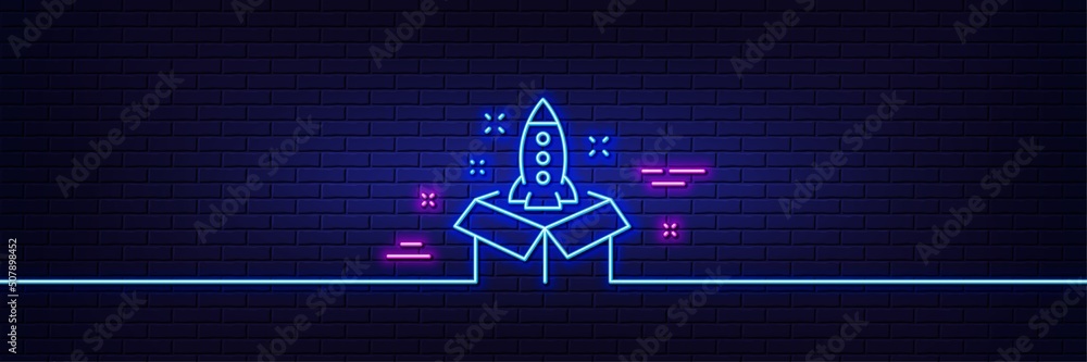 Poster neon light glow effect. startup line icon. launch project sign. out of the box symbol. 3d line neon 