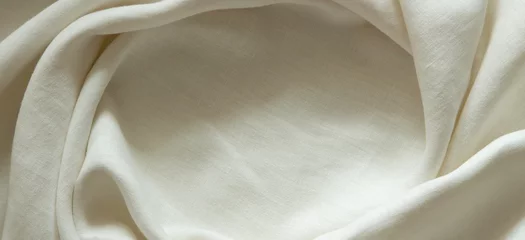 Plexiglas foto achterwand White crumpled linen fabric texture background. Natural linen organic eco textiles canvas background. Top view © vejaa