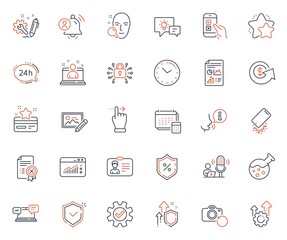 Technology icons set. Included icon as Idea lamp, Reject certificate and Touchscreen gesture web elements. Loyalty card, Time, Security lock icons. Improving safety, Mobile survey. Vector