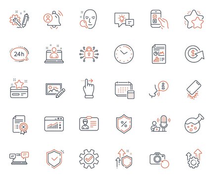 Technology icons set. Included icon as Idea lamp, Reject certificate and Touchscreen gesture web elements. Loyalty card, Time, Security lock icons. Improving safety, Mobile survey. Vector