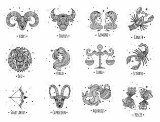 Colorful zodiac signs vector lineart. Easy to recolor. - obrazy, fototapety, plakaty