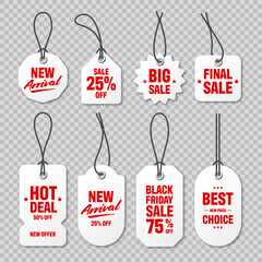 Realistic price tags collection. Special offer or shopping discount label. Retail paper sticker. Promotional sale badge with text. Vector illustration.