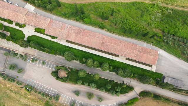 Aerial view of Banfi Castle in Tuscany, Italy