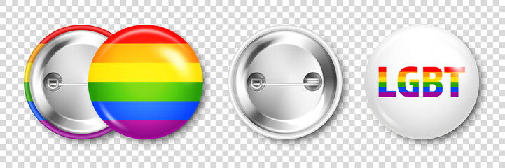 Realistic colorful badge with LGBTQ rainbow flag. Lesbian, gay, bisexual, transgender love symbol, pride month. 3D glossy round button. Pin badge mockup. Vector illustration