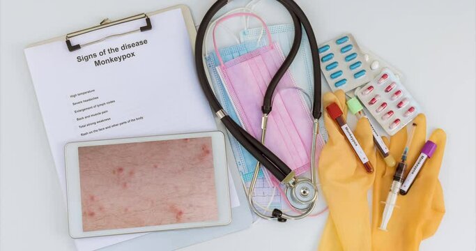 Medical equipment blood test, doctor examination patient in skin rashes looking on digital tablet for Monkeypox new virus