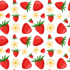 Strawberry seamless pattern. Background of berries and flowers for printing. Vector illustration.