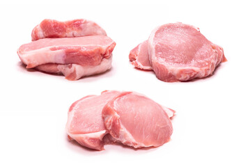Raw pork pieces isolated on a white background.