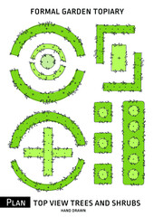 Plan sketch shrub trees nd bushes symbols hands draw.  Garden plants top view. Landscape design and architecture symbols or scheme of tree shrub bush